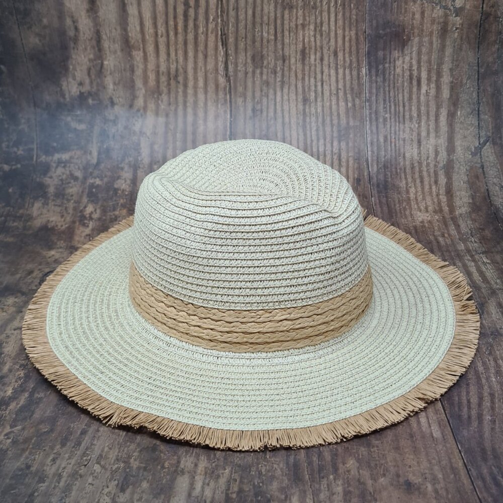 Beige Distressed Fedora Raw Edges Straw Hat for Women NWT - Picture 2 of 3